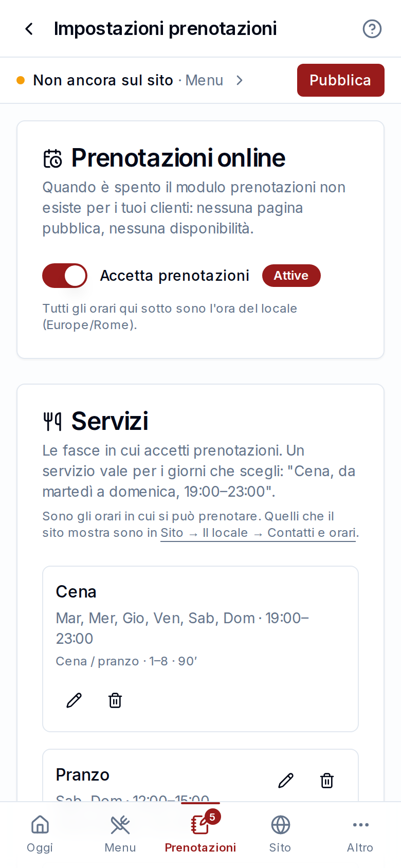 Le impostazioni delle prenotazioni