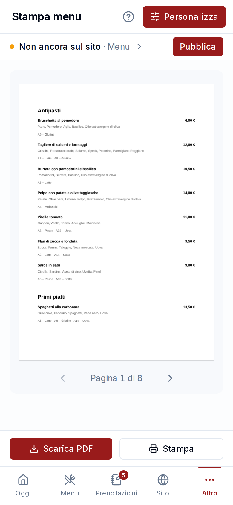 L'anteprima del menu da stampare