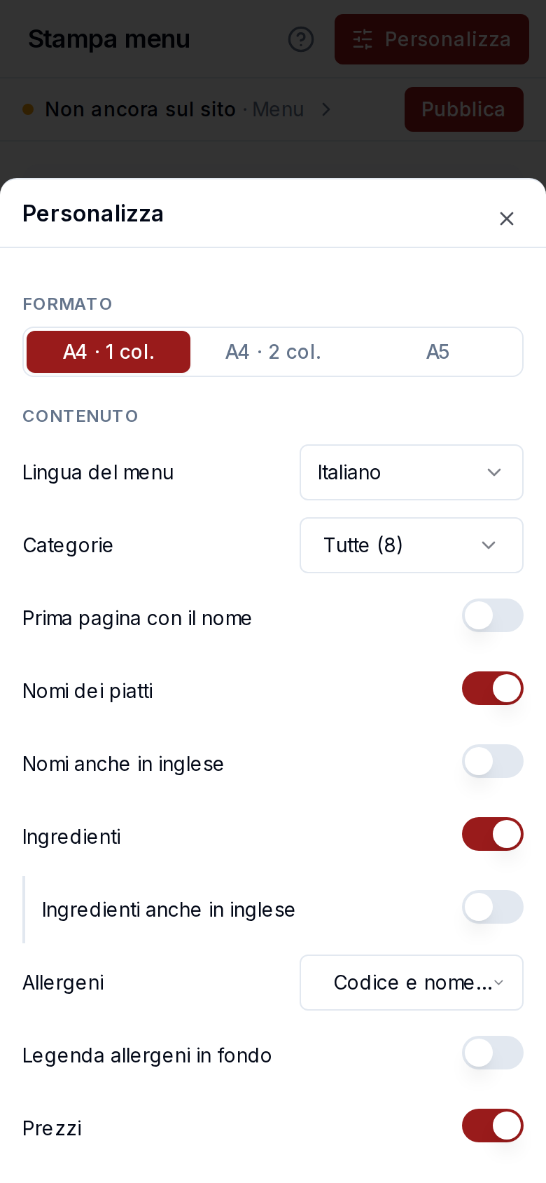 Le scelte per il menu stampato